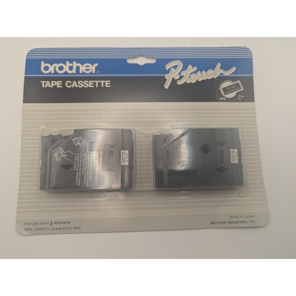 Brother P-Touch TC-33 Tape Cassette 2 Pack Gold on Black 12mm 1/2" for PT-6/8/10